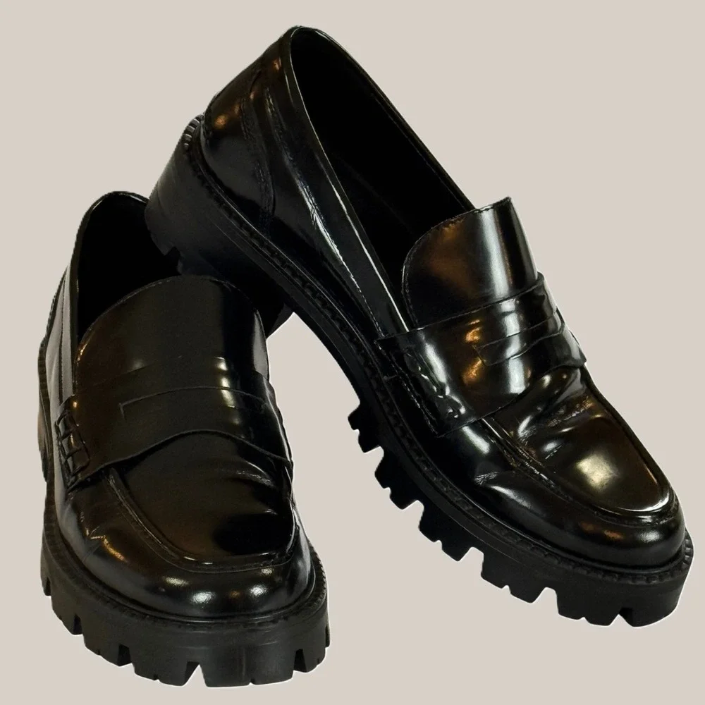 Massimo Dutti Patent Leather Chunky Platform Lug Sole Loafers Black EU 40